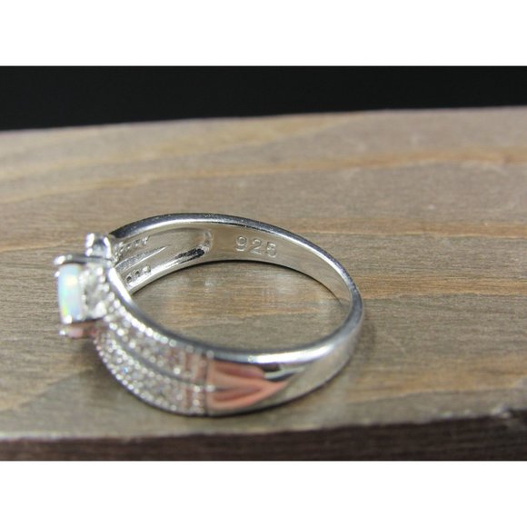 Size 7 Sterling Silver Square White Opal With Cubic Zirconia Band Ring - Picture 5 of 8